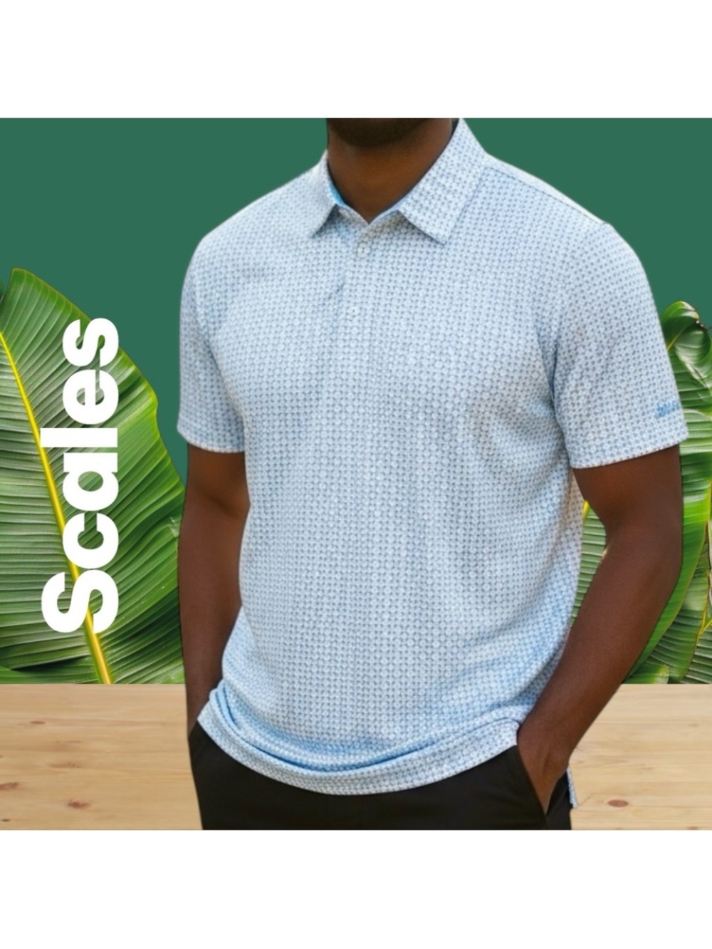 Scales Gear Golf Polo 50+ Clubhouse Collection Blue Geometry Print Shirt NWOT